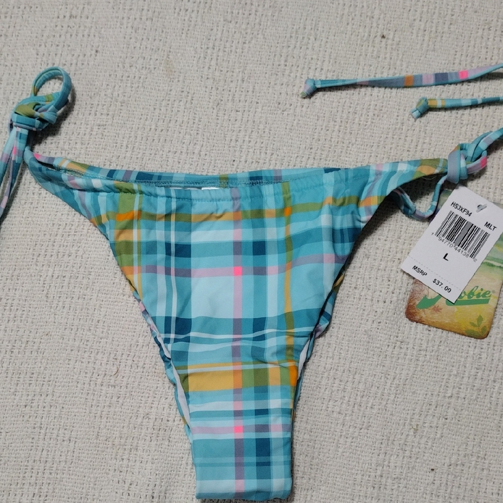 NWT Hobie Blue Plaid Bikini Bottom High Waisted Cheeky Size Large